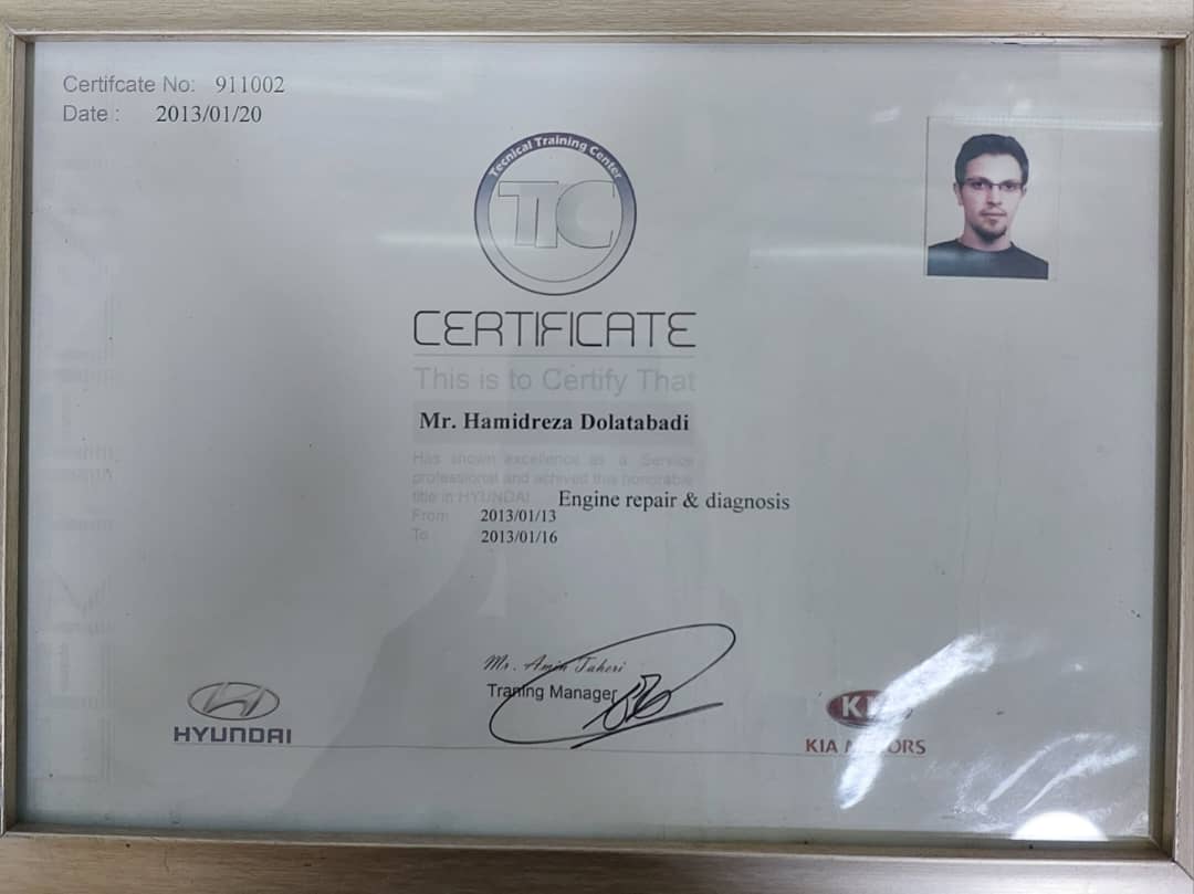گواهینامه تعمیر تخصصی موتور های هیوندا و کیا به صورت رسمی